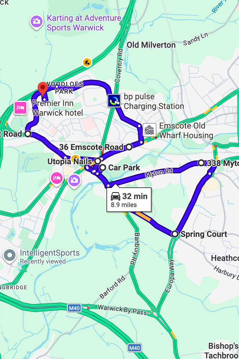 Warwick (Wedgenock House) driving test routes map UK showing DVSA test routes, real exam roads, key junctions, roundabouts and roads used in the driving test