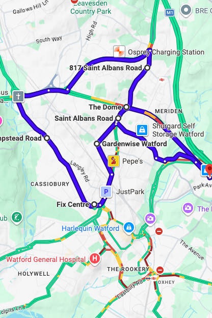 Watford driving test routes map UK showing DVSA test routes, real exam roads, key junctions, roundabouts and roads used in the driving test